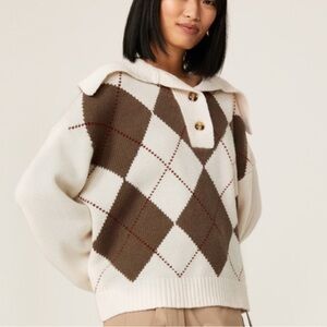 SAMOE Argyle Patterned Sweater - Cream and Brown